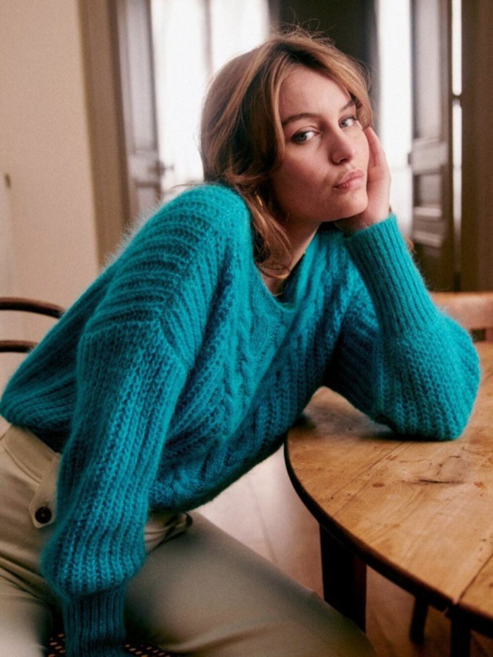 EUC Sezane Jules Cable Knit Mohair Wool Sweater Turquoise Blue Small